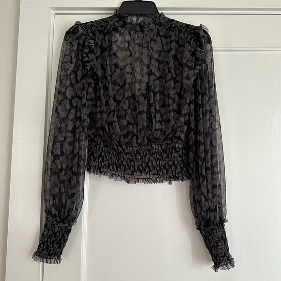 Free People Black Printed Long-sleeve Shirred Waist Blouse - Picture 4 of 5